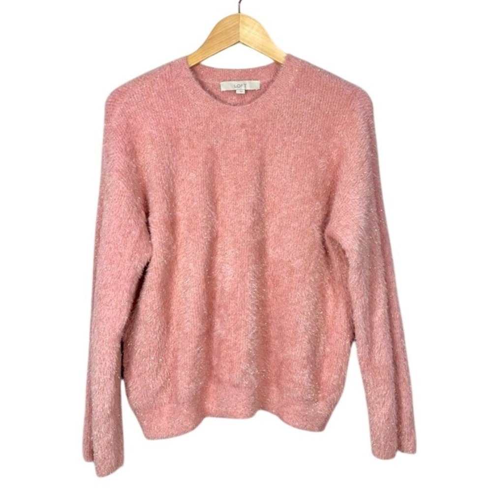 LOFT Women's Pink Fuzzy Knit Crewneck Sweater Sparkle Metallic Gold L